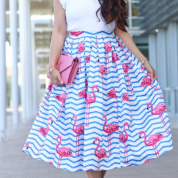 Pink Flamingo Nautical Blue White Stripe High Waisted Full Midi Skirt - Picture 11 of 16
